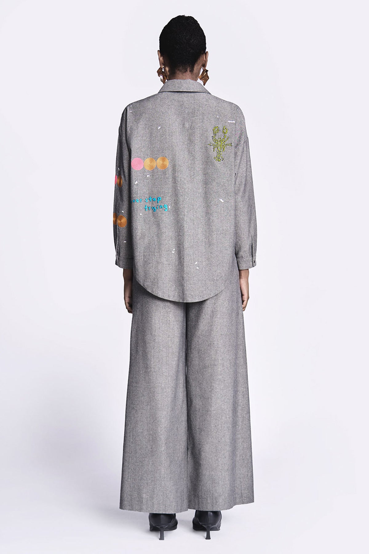 Circles and Crab Drop Shoulder Asymmetric Shirt With Flared Pants