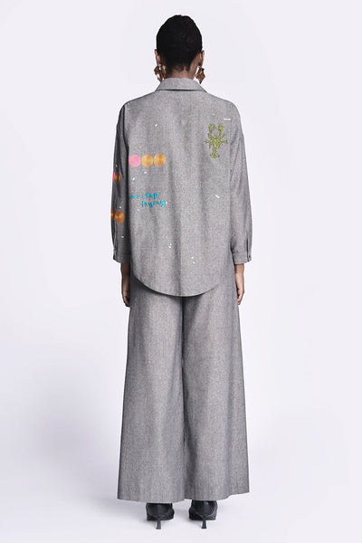 Circles and Crab Drop Shoulder Asymmetric Shirt With Flared Pants