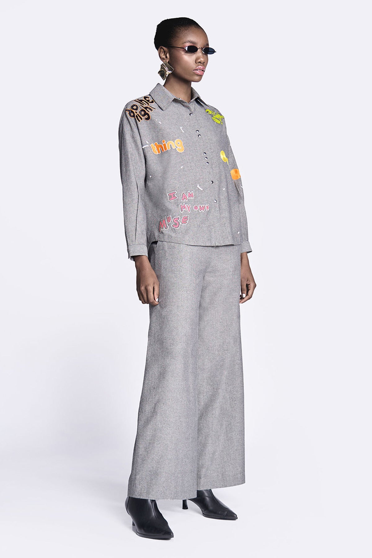 Circles and Crab Drop Shoulder Asymmetric Shirt With Flared Pants