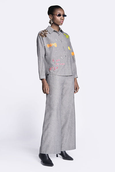 Circles and Crab Drop Shoulder Asymmetric Shirt With Flared Pants