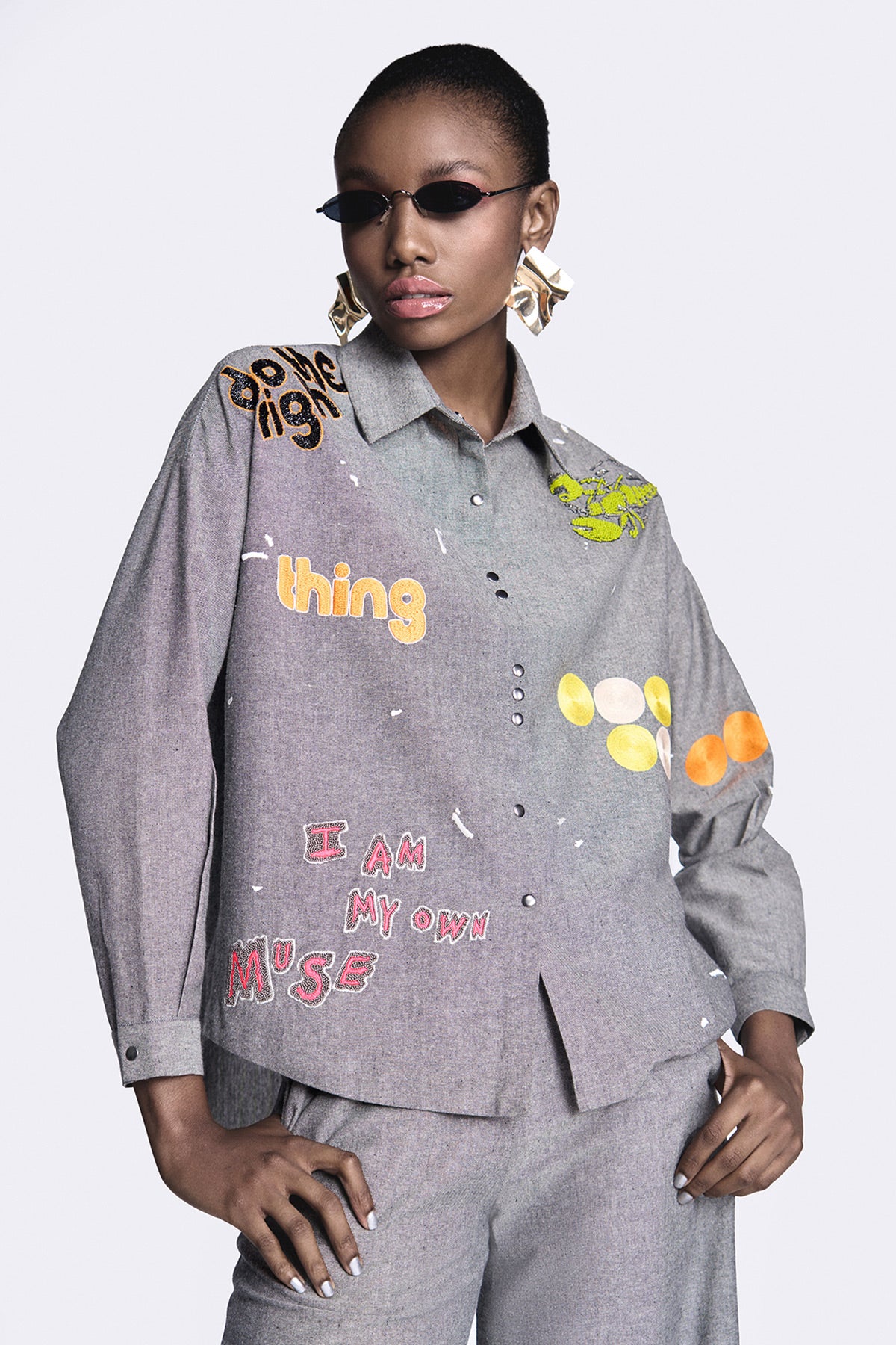 Circles and Crab Drop Shoulder Asymmetric Shirt With Flared Pants