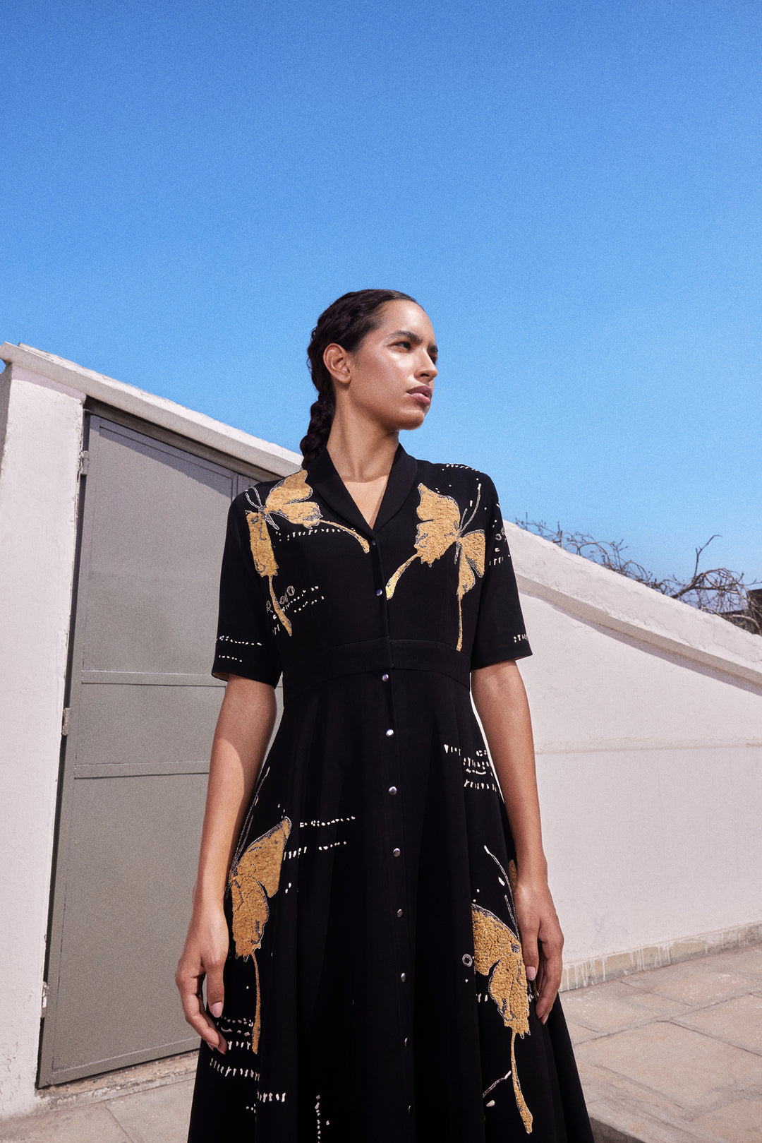 FADING BUTTERFLIES SHAWL COLLAR DRESS