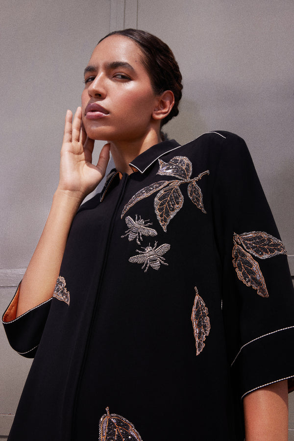 DRIFTING LEAVES FRONT OPEN FLARED DRESS