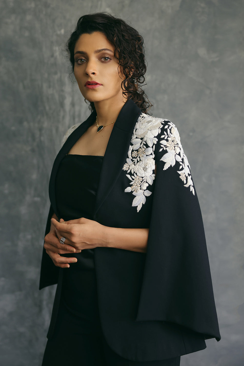 Saiyami Kher in Botanical Shoulder Cape with Straight Pants