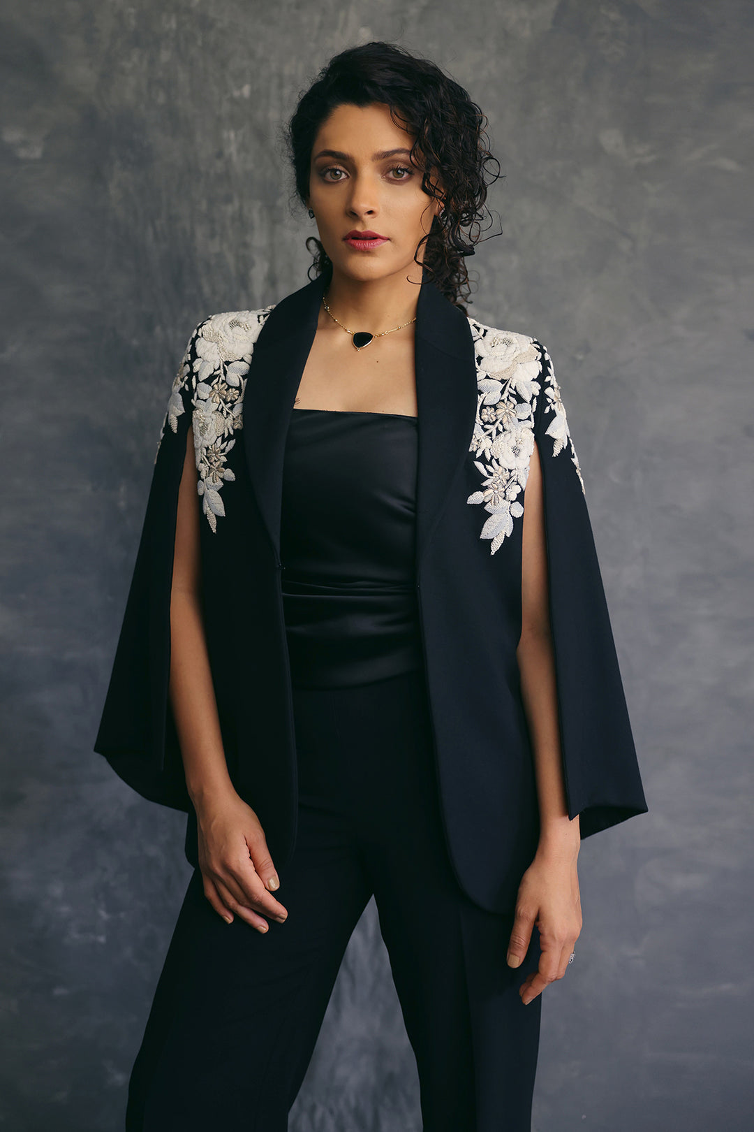 Saiyami Kher in Botanical Shoulder Cape with Straight Pants
