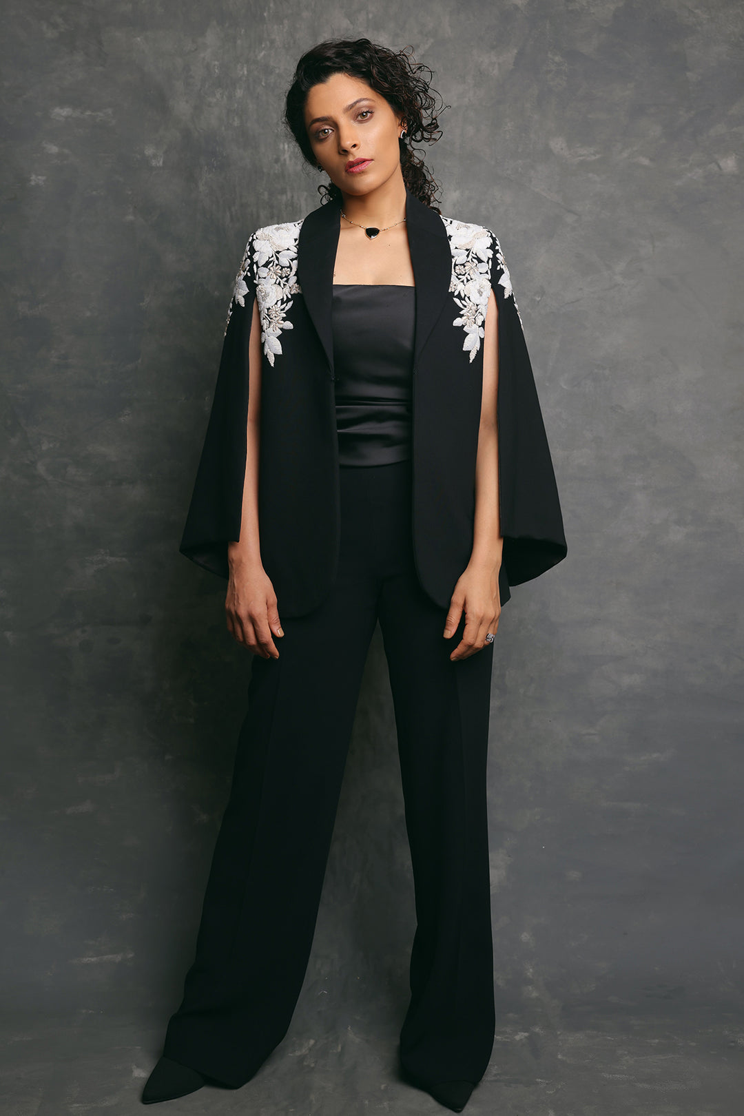 Saiyami Kher in Botanical Shoulder Cape with Straight Pants