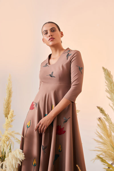 Lotus And Humming Bird Circular Midi Dress