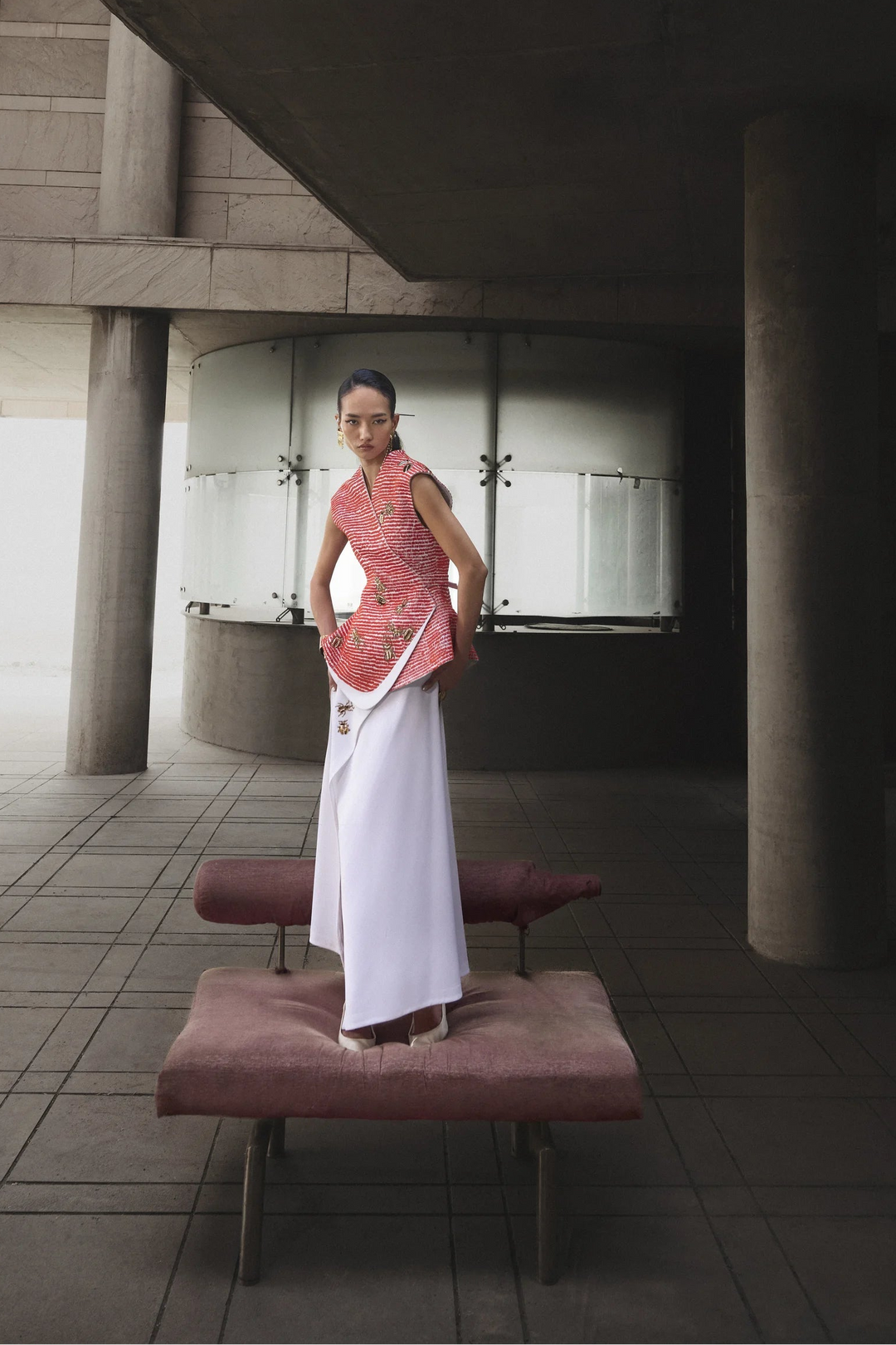 LINES AND INSECT WRAP JACKET WITH ASYMMETRIC WRAP SKIRT