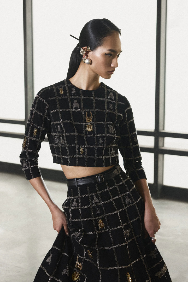 INSECT AND CHECKS BLOUSE WITH STATEMENT SKIRT