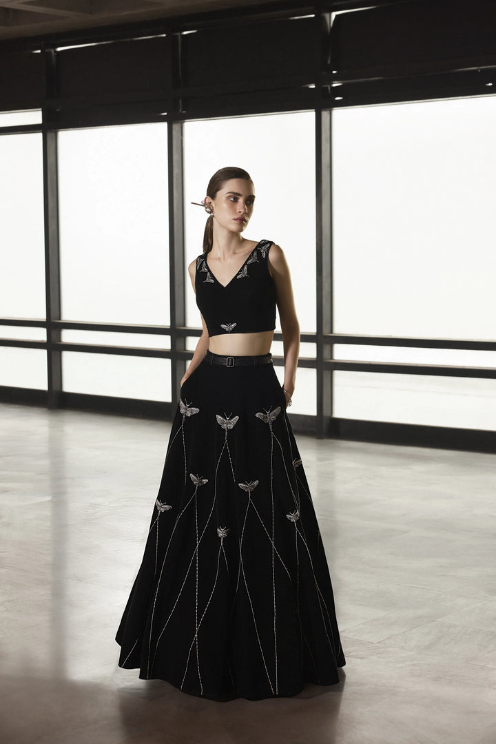 INSECT PRISM STATEMENT SKIRT WITH WRAP SLEEVELESS BLOUSE