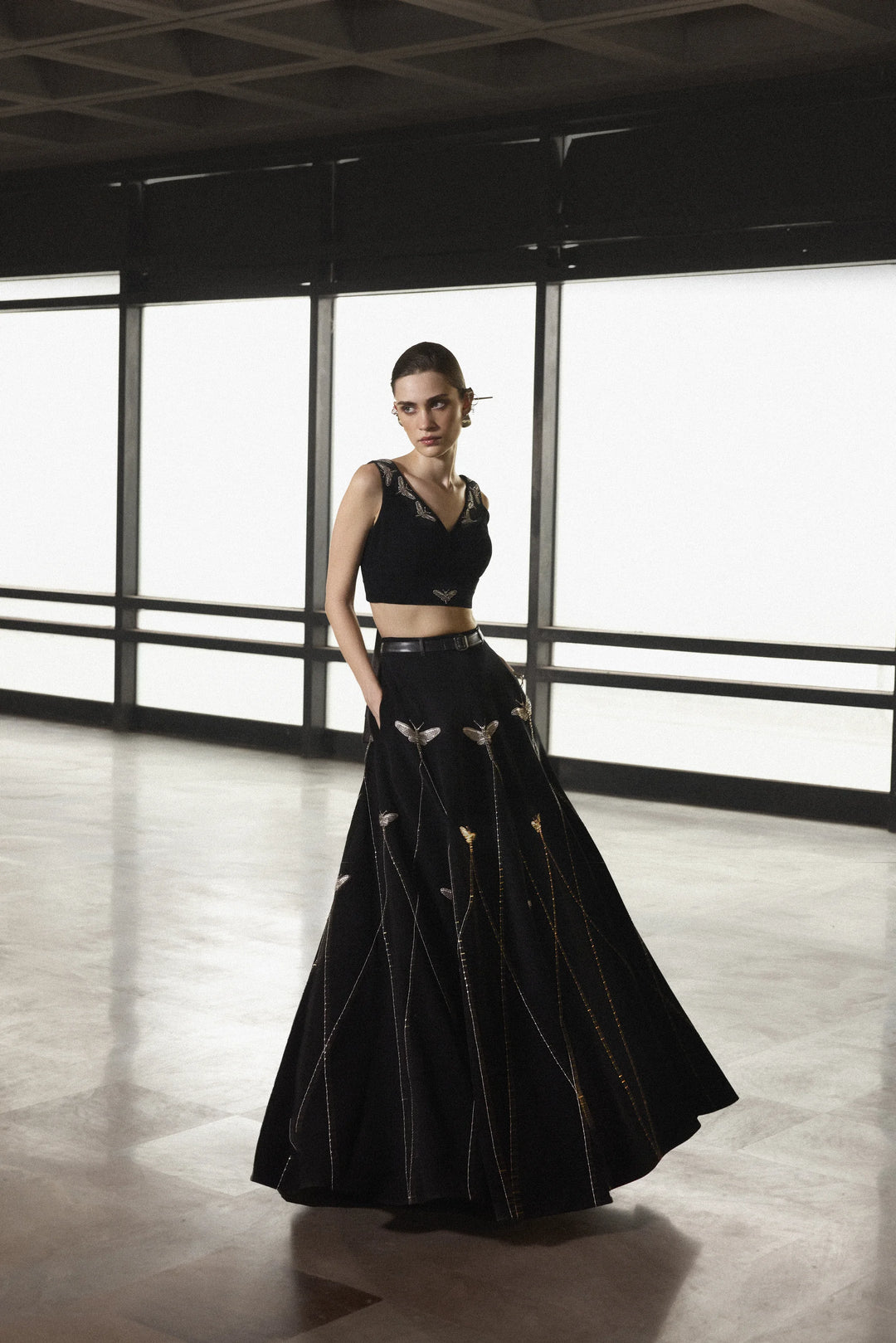 INSECT PRISM STATEMENT SKIRT WITH WRAP SLEEVELESS BLOUSE
