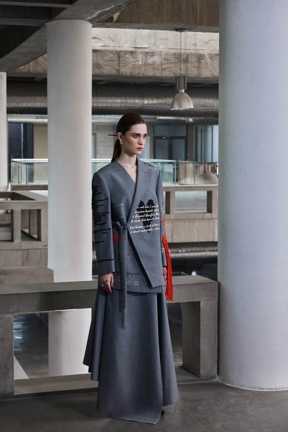 CUTLERY WRAP JACKET WITH ASYMMETRIC DRAPED SKIRT