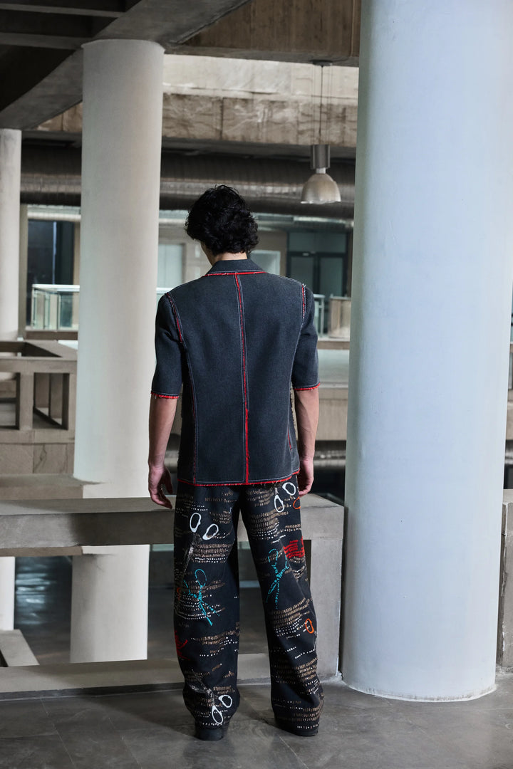 CONTRAST EDGE BLAZER WITH SCISSORS EMBROIDERED PANTS