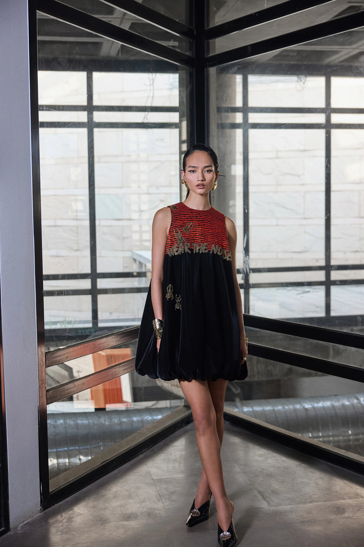 LINES AND INSECT BALOON MINI DRESS