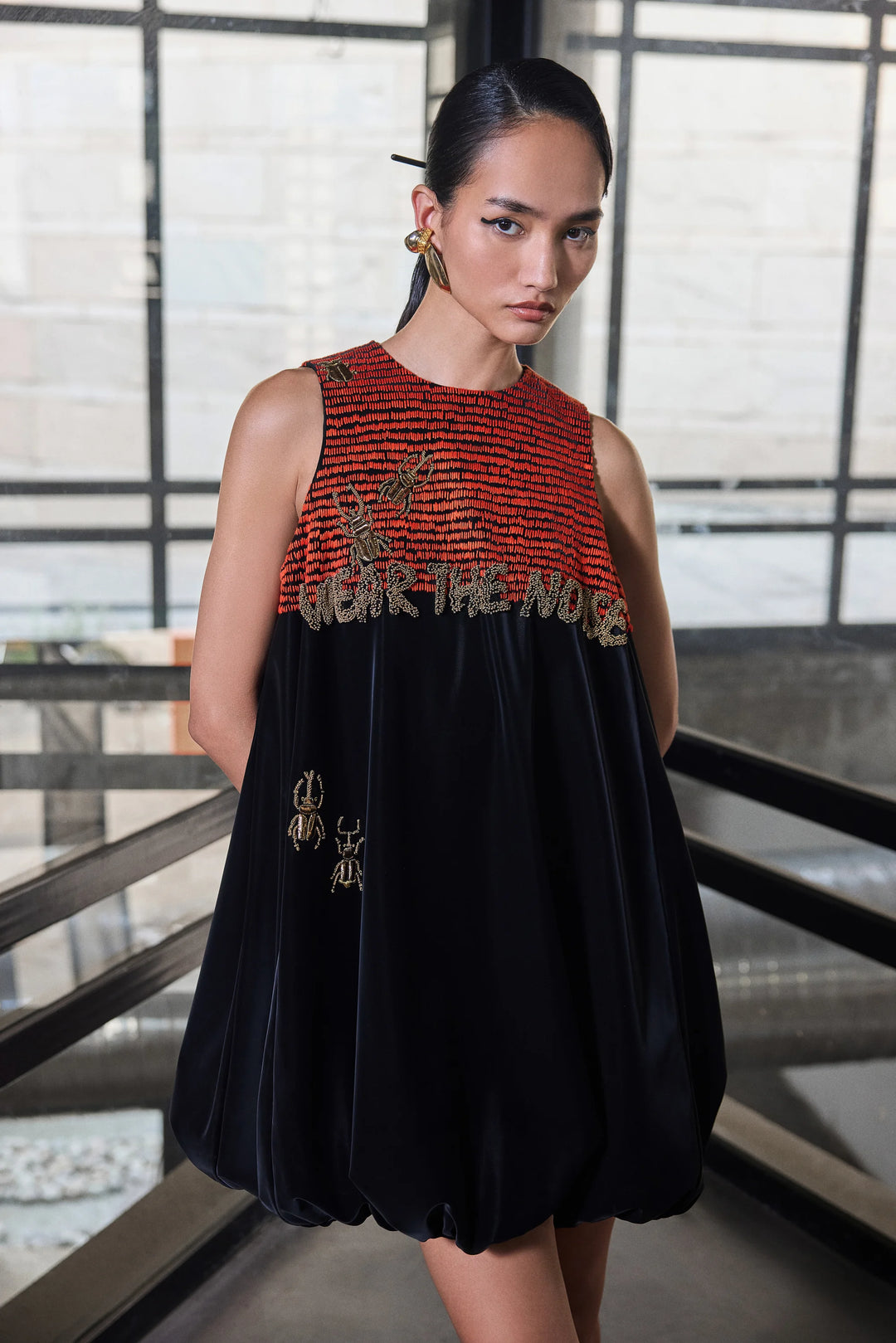 LINES AND INSECT BALOON MINI DRESS