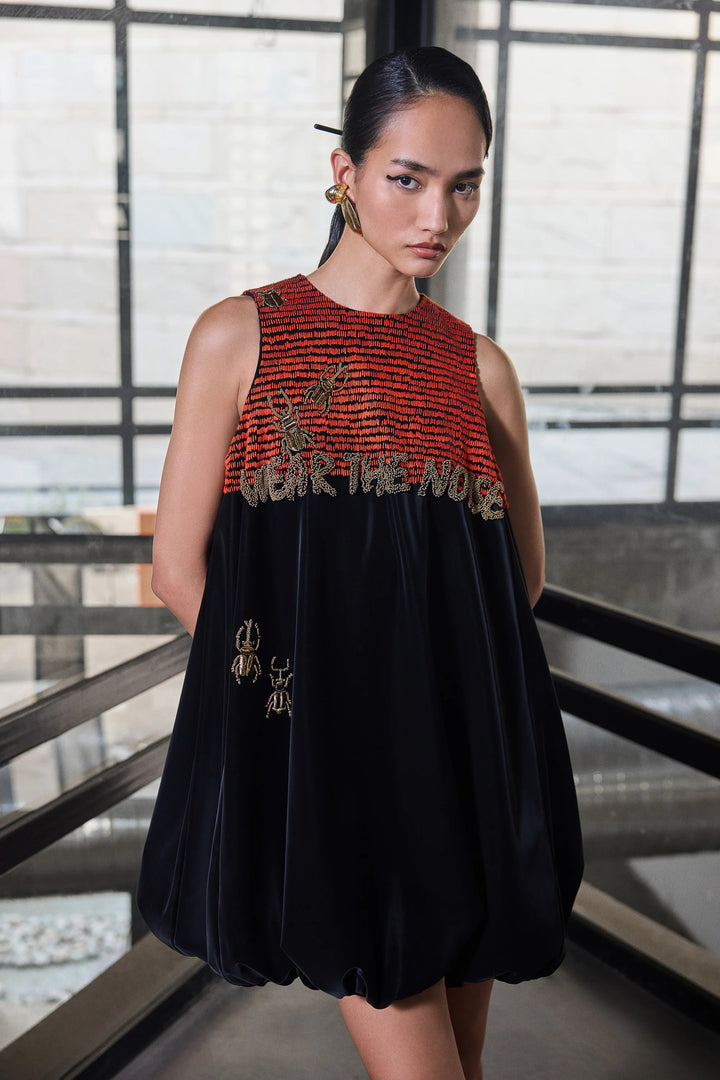 LINES AND INSECT BALOON MINI DRESS