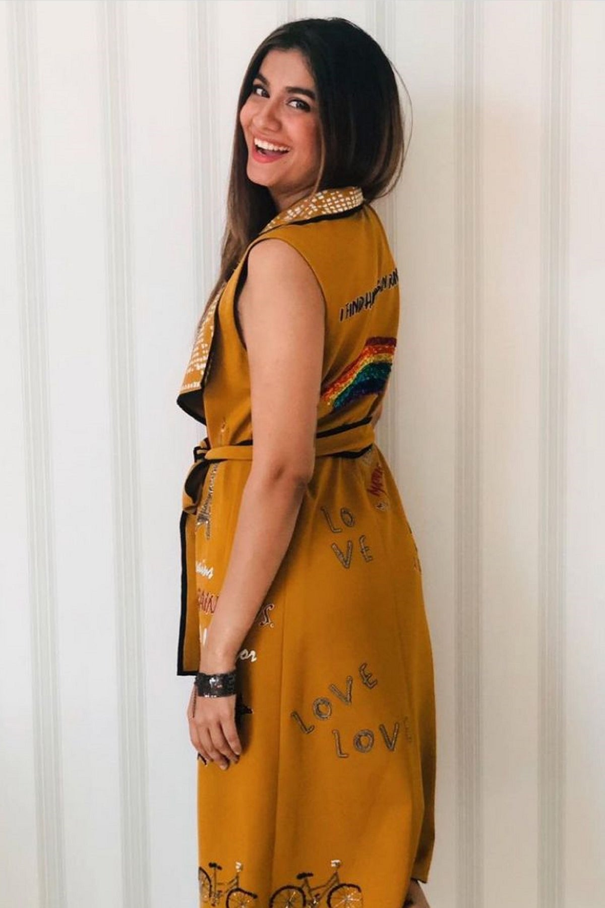 Shreya Dhanwantari In Happiness In Rainbow Wrap Jacket Dress With Belt