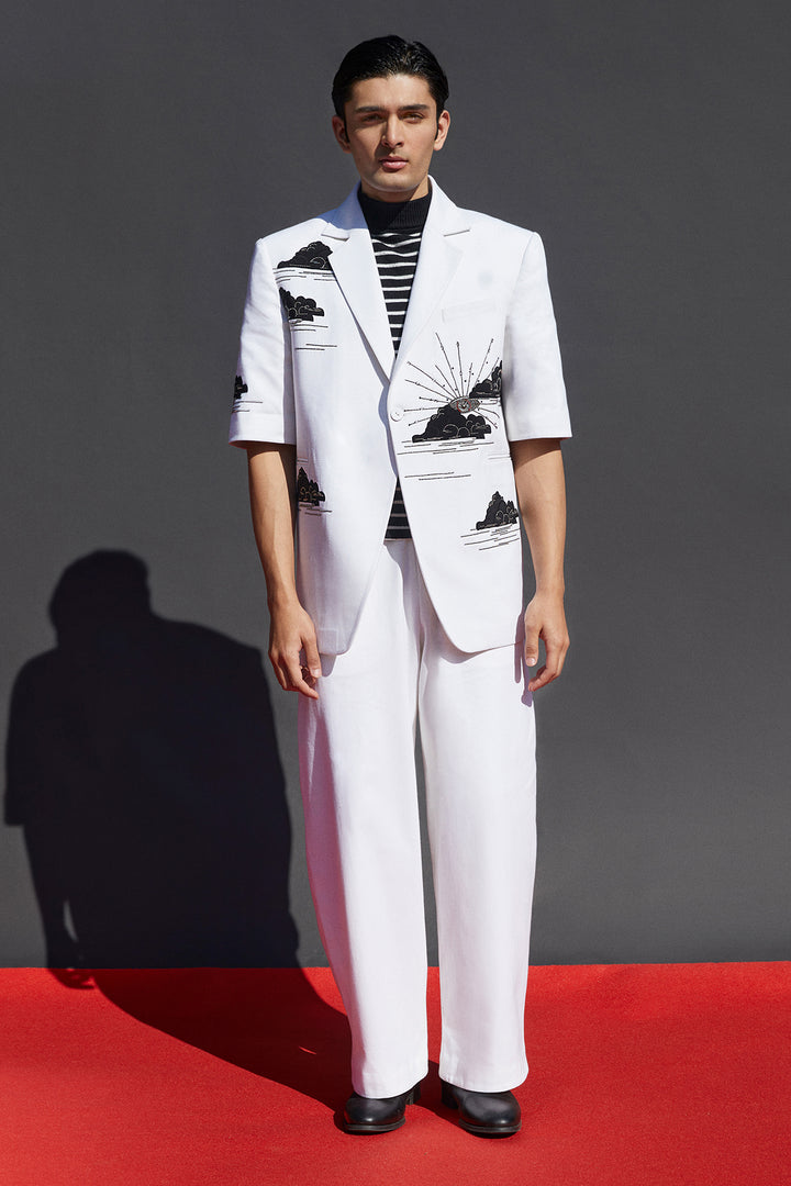 Eye Clouds Half Sleevess Blazer With Baggy Pants