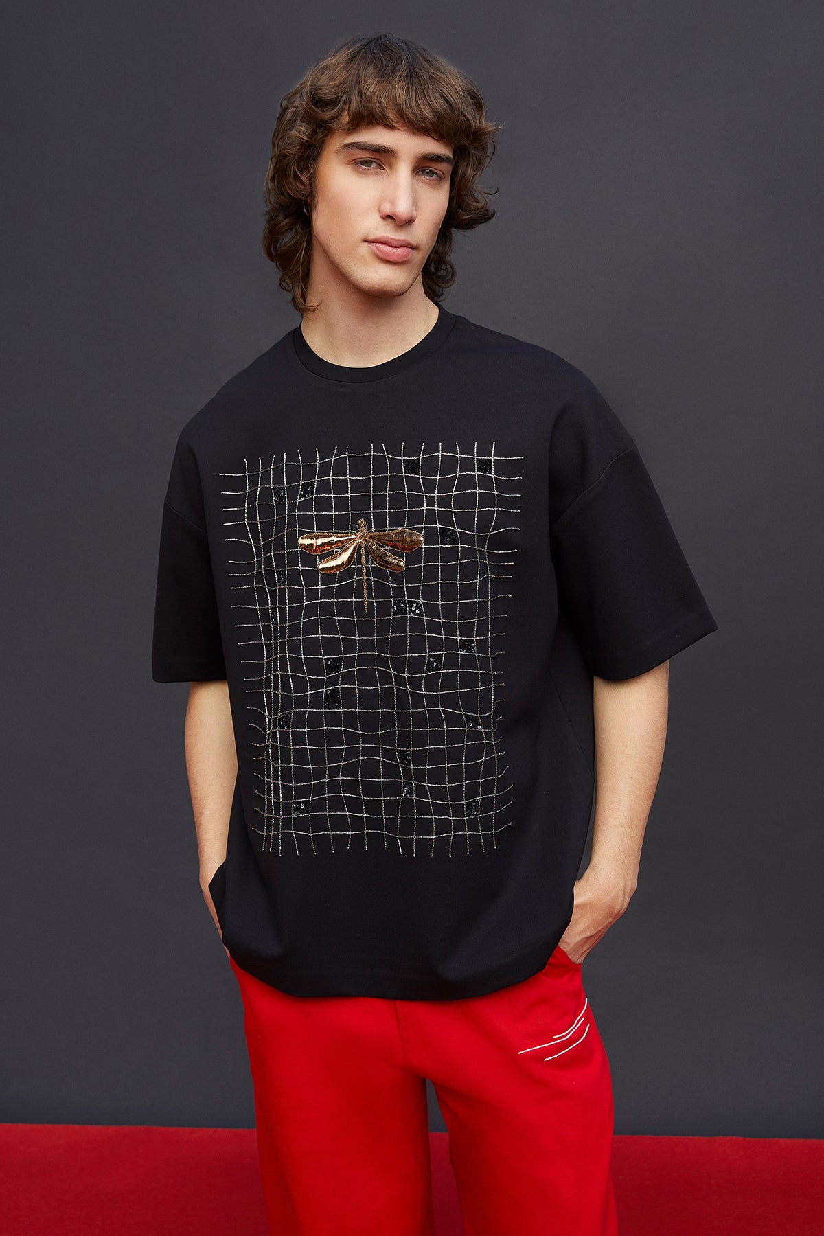 Wavy Checks And Dragonfly Oversized T-shirt