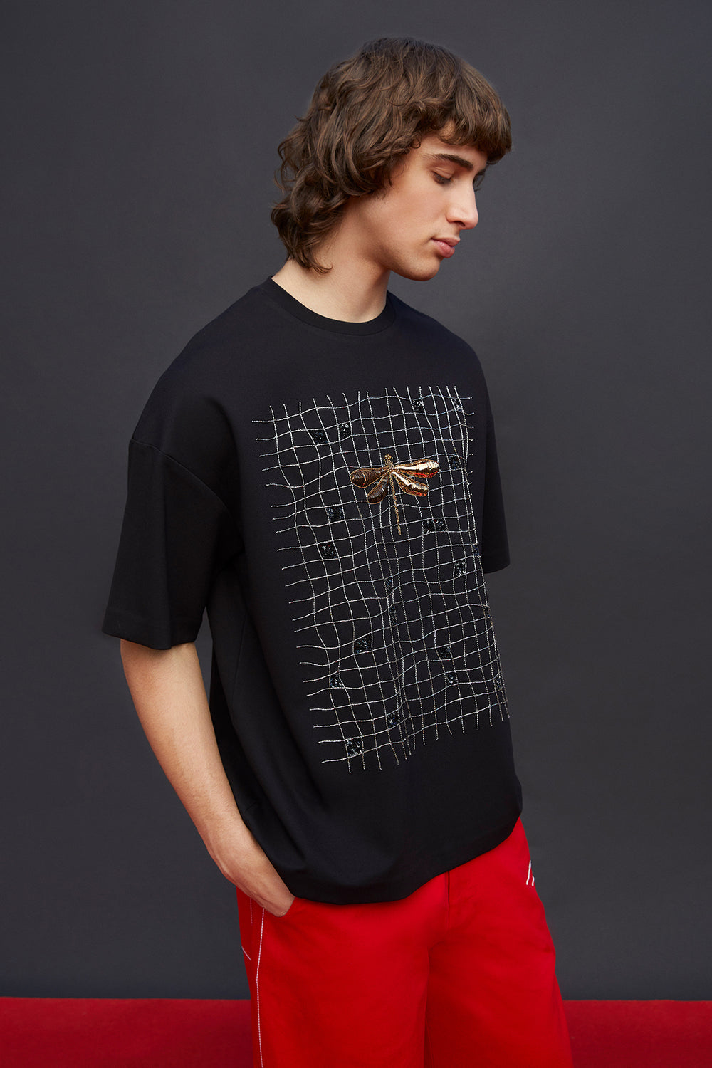 Wavy Checks And Dragonfly Oversized T-shirt
