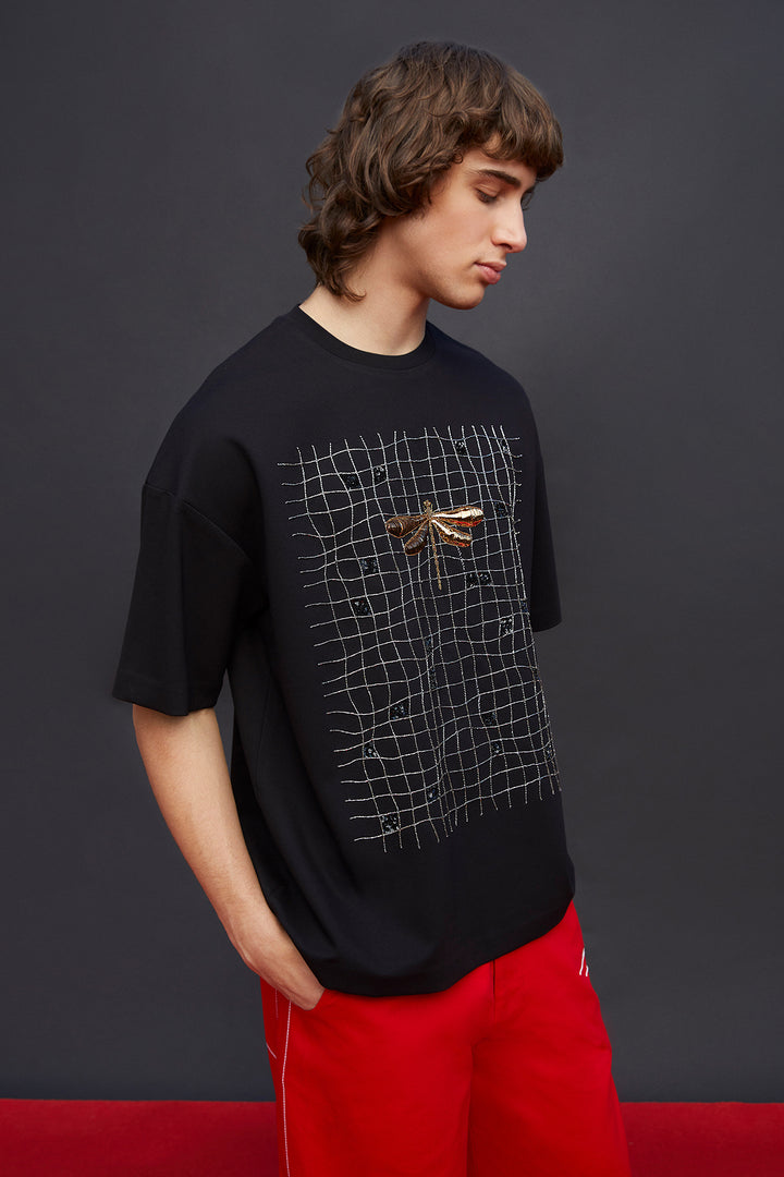 Wavy Checks And Dragonfly Oversized T-shirt