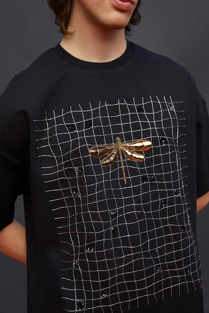 Wavy Checks And Dragonfly Oversized T-shirt