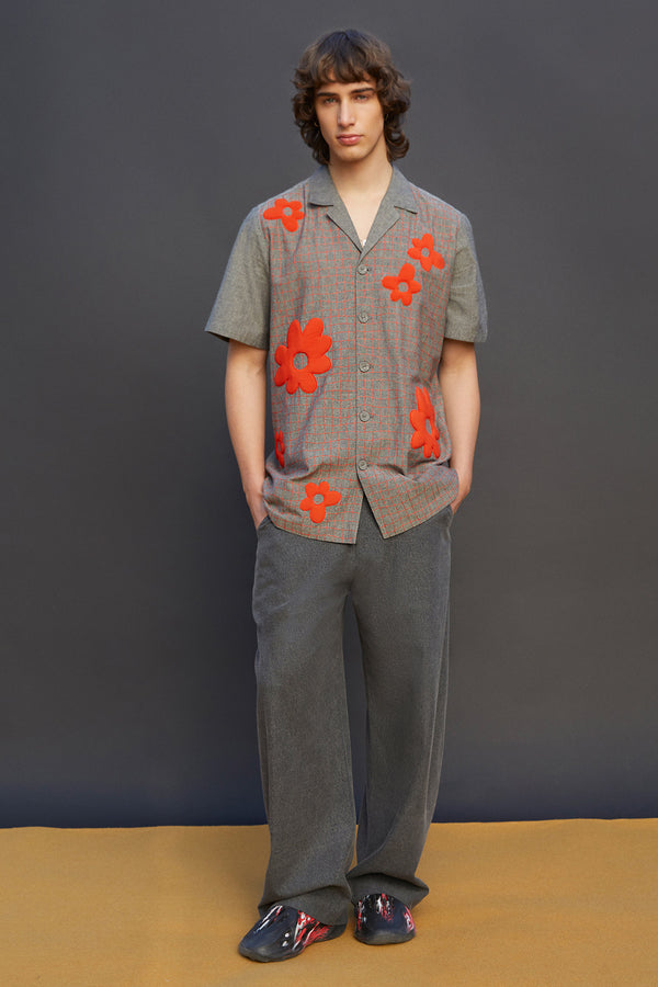 Distorted Grid And Flower Half Sleeves Shirt