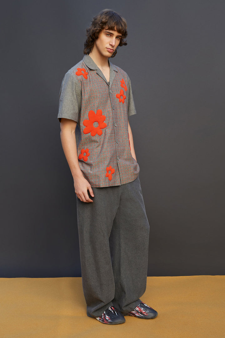 Distorted Grid And Flower Half Sleeves Shirt