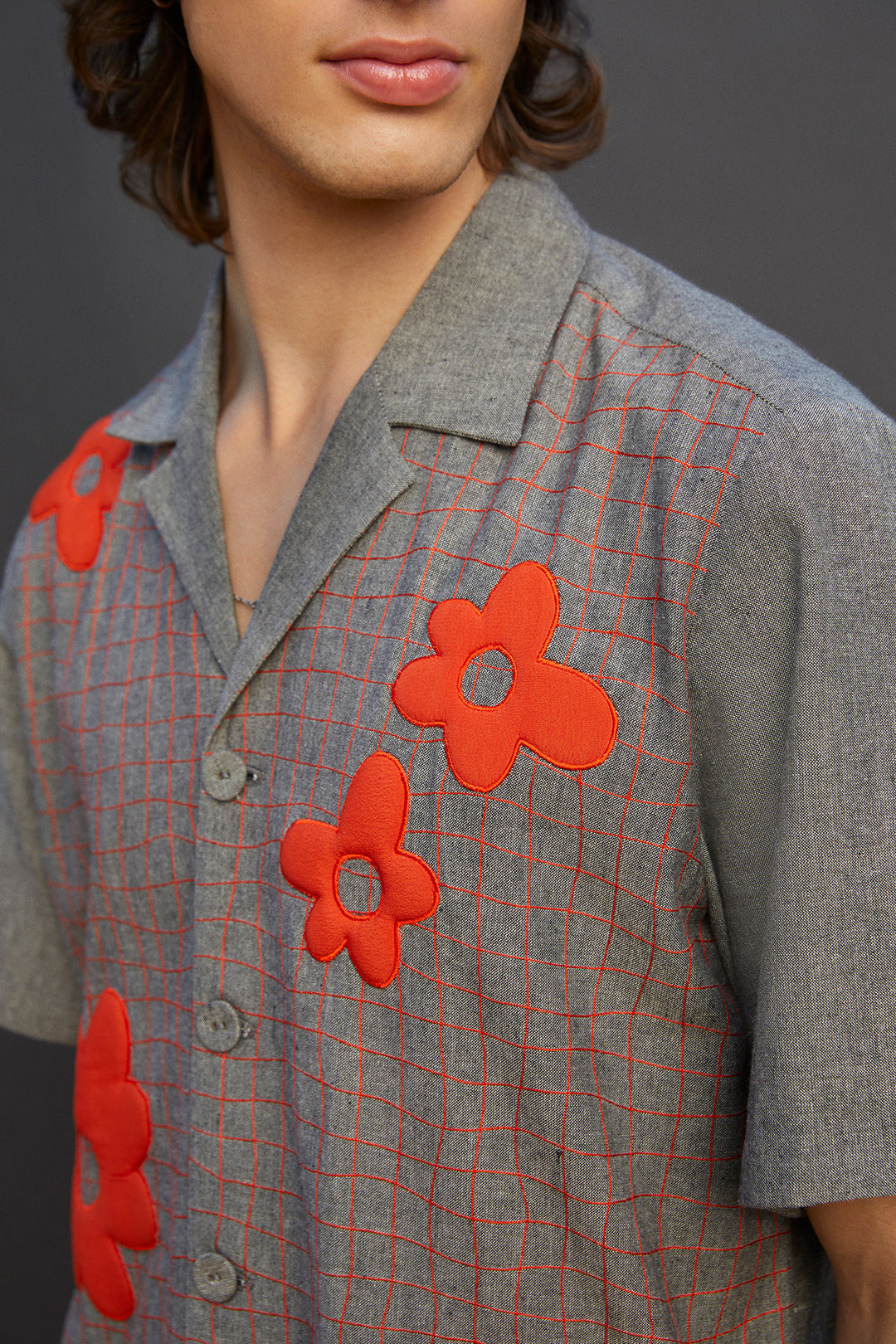 Distorted Grid And Flower Half Sleeves Shirt