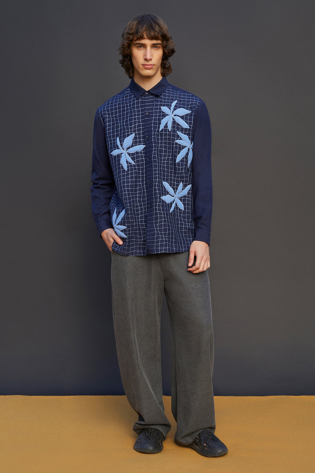 Distorted Grid And Abstract Flower Long Sleeves Shirt
