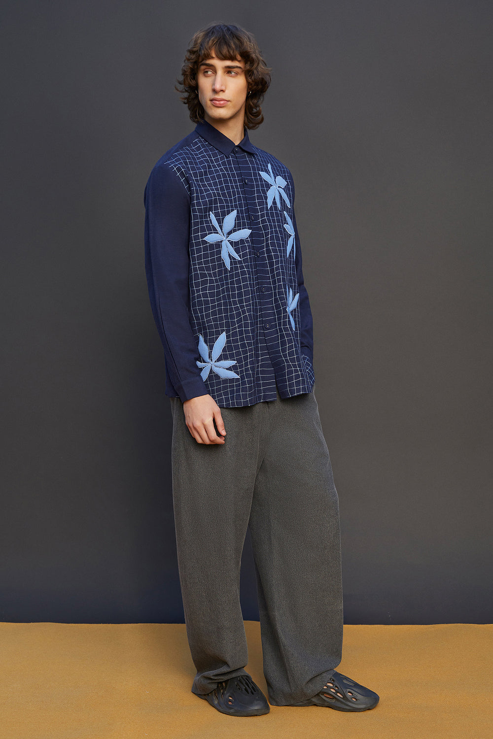 Distorted Grid And Abstract Flower Long Sleeves Shirt