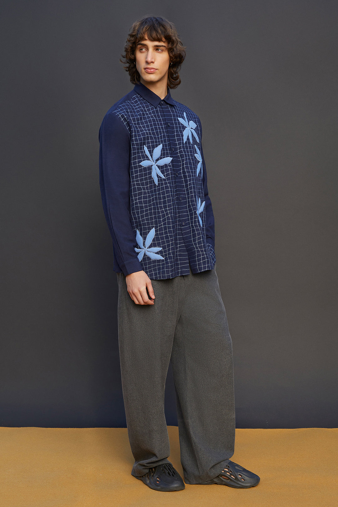 Distorted Grid And Abstract Flower Long Sleeves Shirt