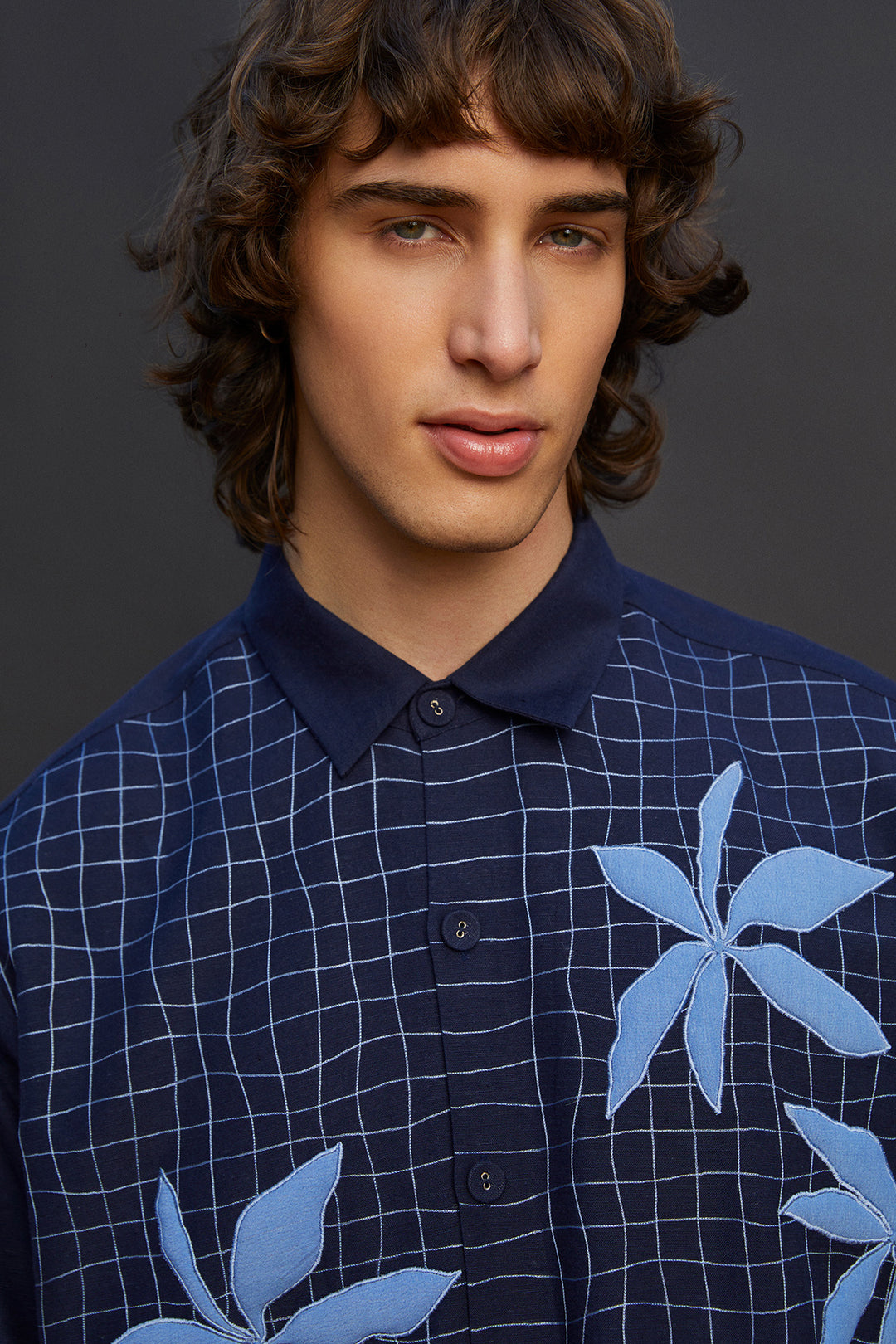 Distorted Grid And Abstract Flower Long Sleeves Shirt
