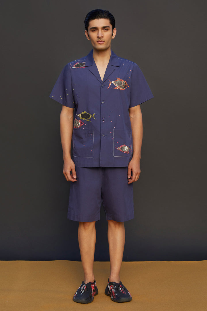 Fish Half Sleeves Shirt With Boxy Shorts