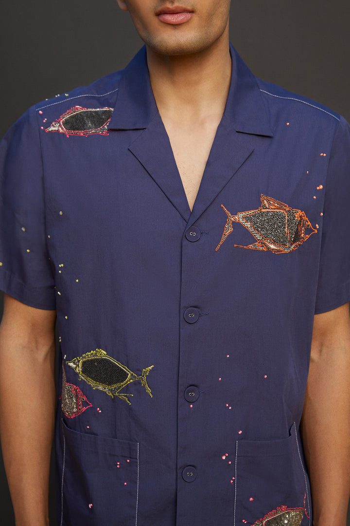 Fish Half Sleeves Shirt With Boxy Shorts
