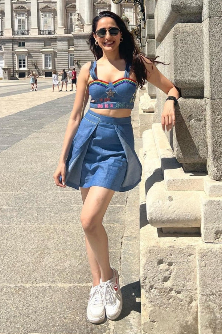 Pragya Jaiswal In Star Corset Crop Top With Front Pleat Mini Skirt
