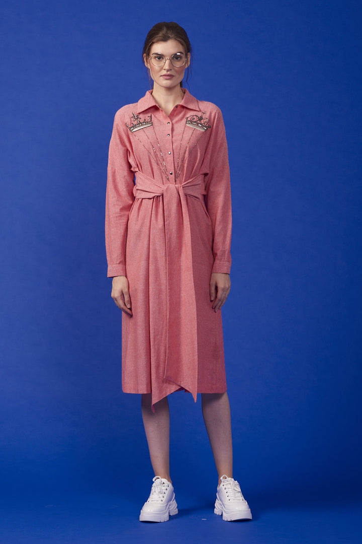Crowns Front Knot Long Shirt Dress