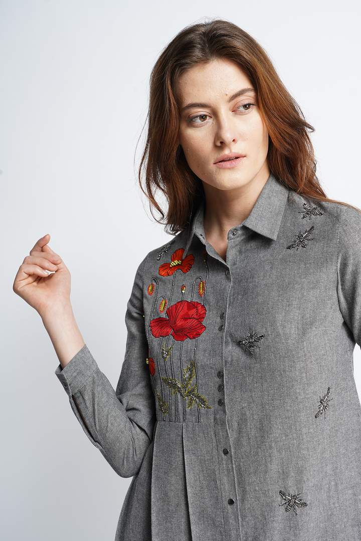 Poppy Garden Side Pleated Shirt Dress