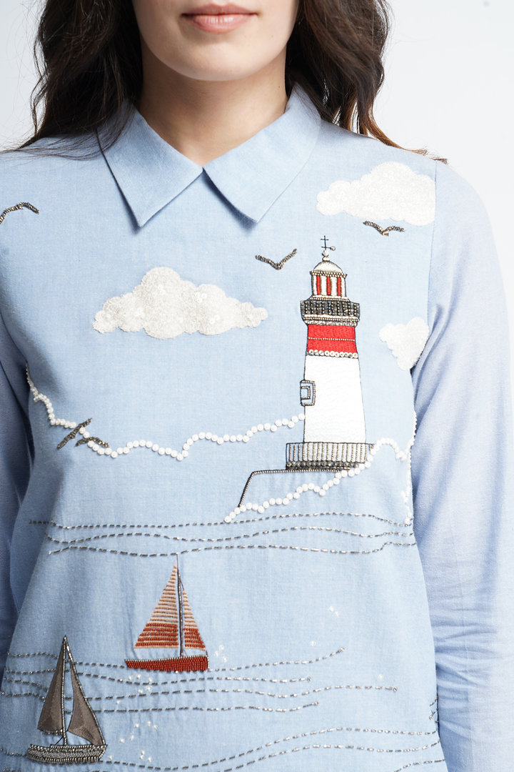 Lighthouse Boat And Waves Mini Dress