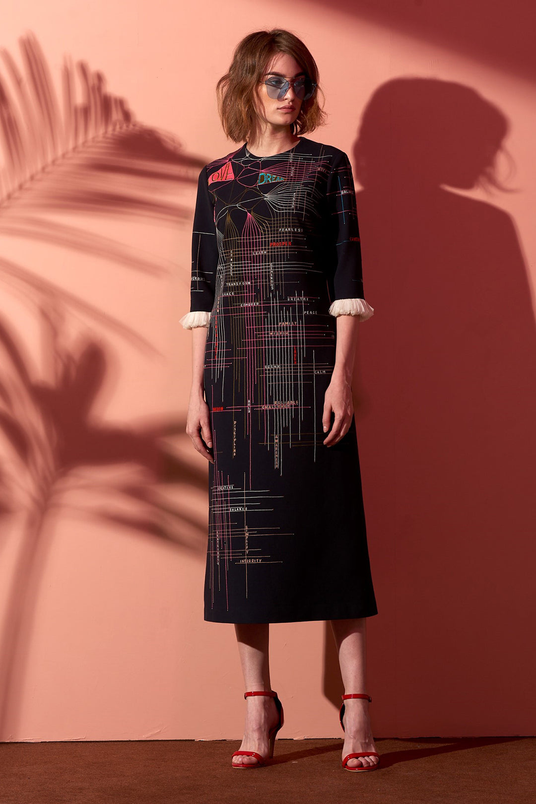 Intersecting Lines Midi Dress With Frill Sleeves