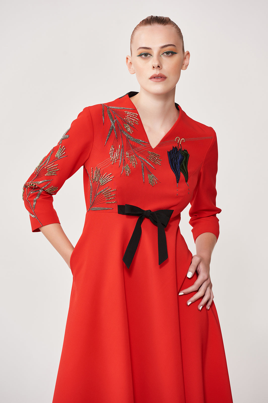 Umbrella and Grass Circular Midi Dress With Bow