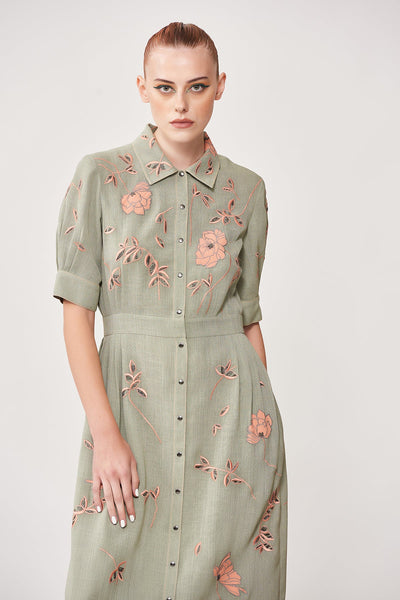 Abstract Rose Side Pleated Shirt Dress
