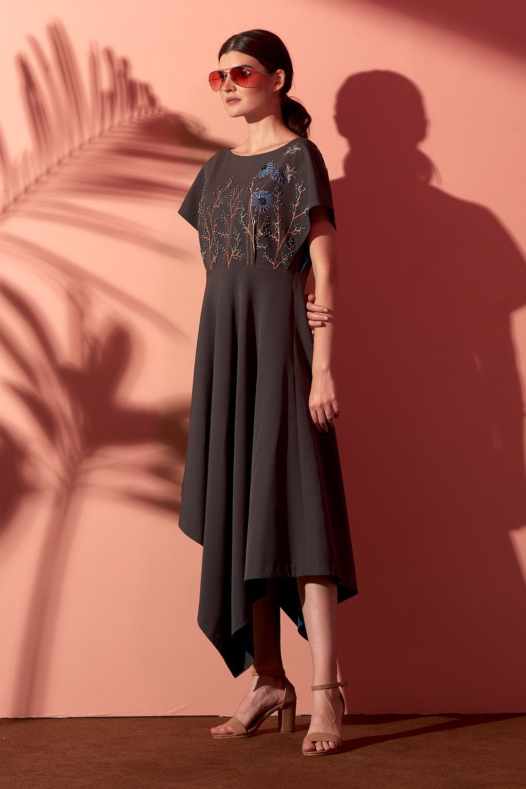 Garden Of Flower & Bees Boat Neck Handkerchief Midi Dress