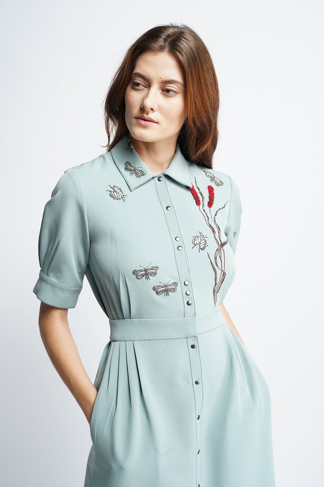 Grass And Insects Front Open Side Pleated Dress