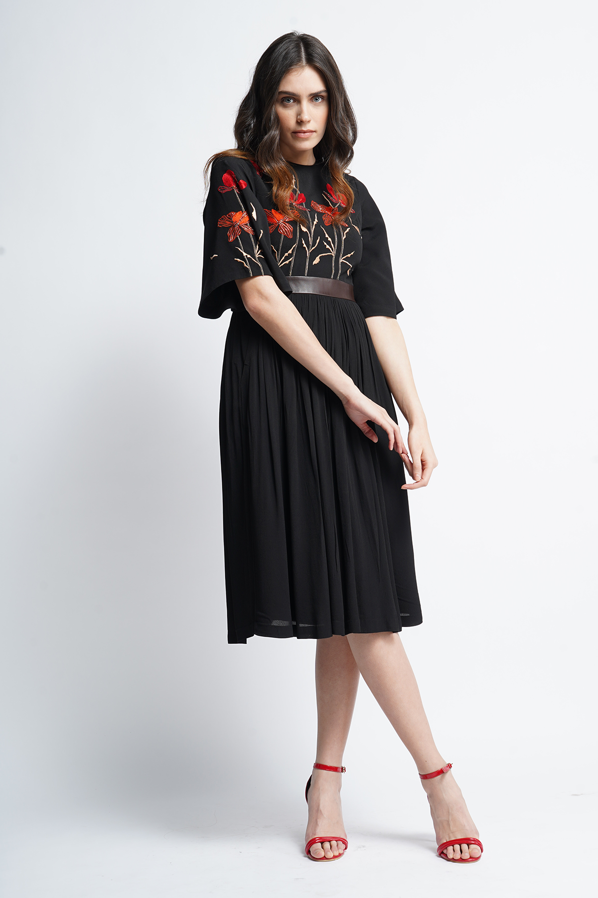 Blooming Flower Midi Dress With Leather Belt