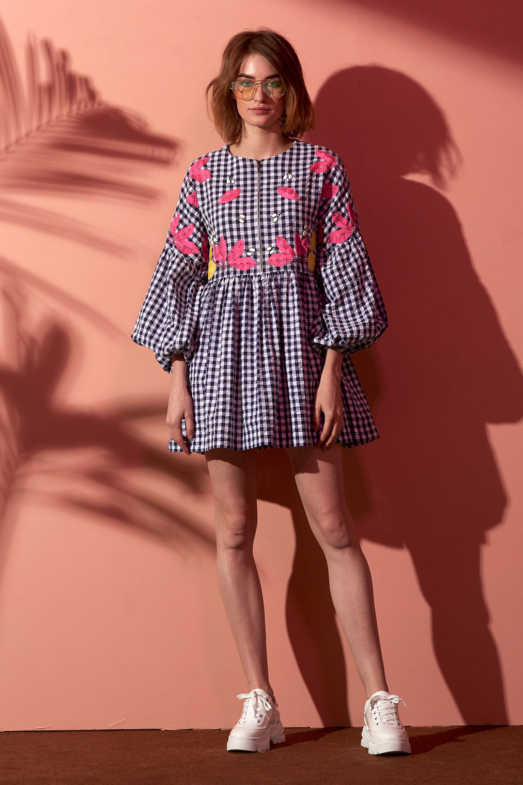 Lemons Ballon Sleeves Gathered Mini Dress
