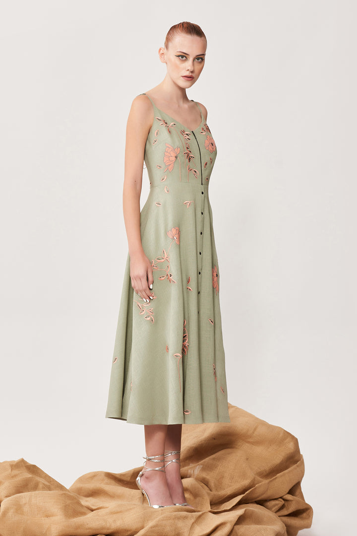 Abstract Rose Spagetti Strap Midi Dress