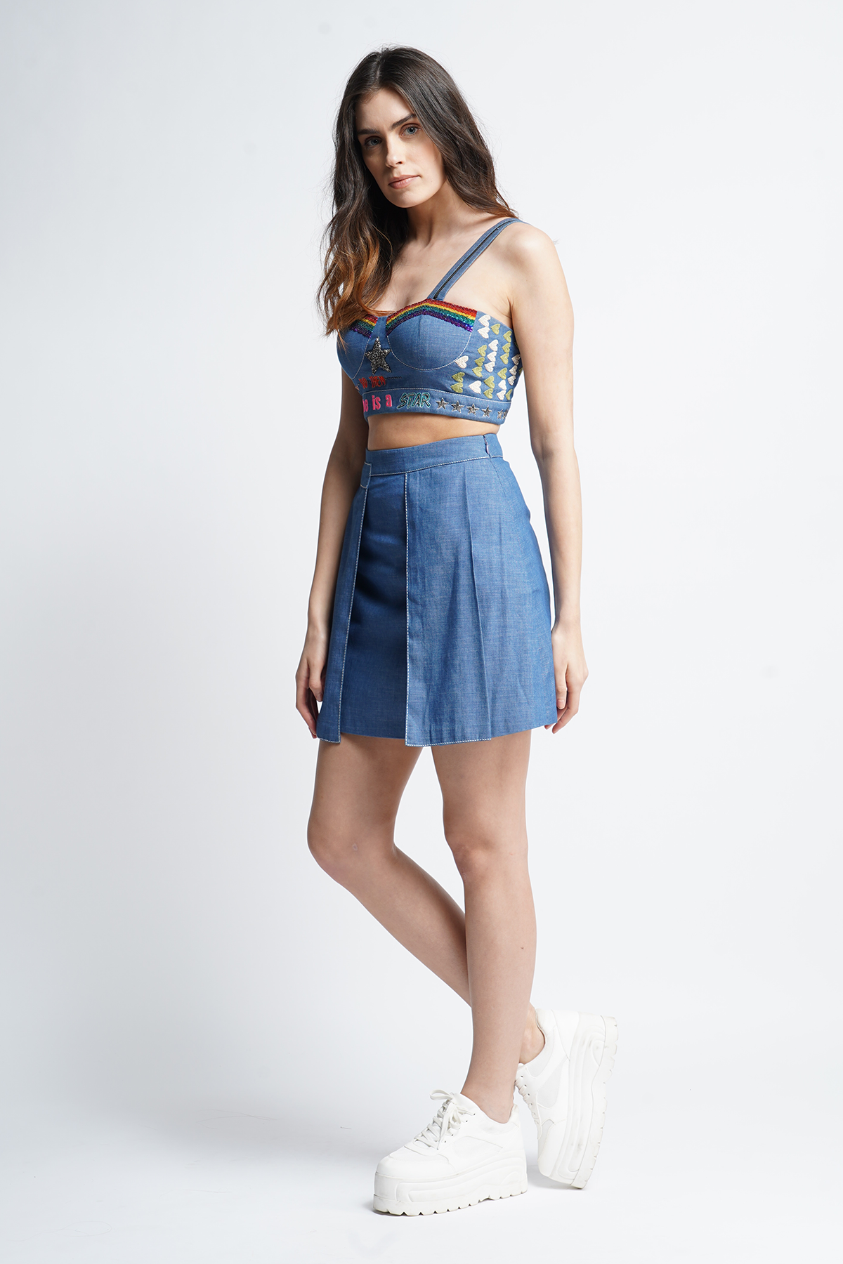 Star Corset Crop Top With Front Pleat Mini Skirt