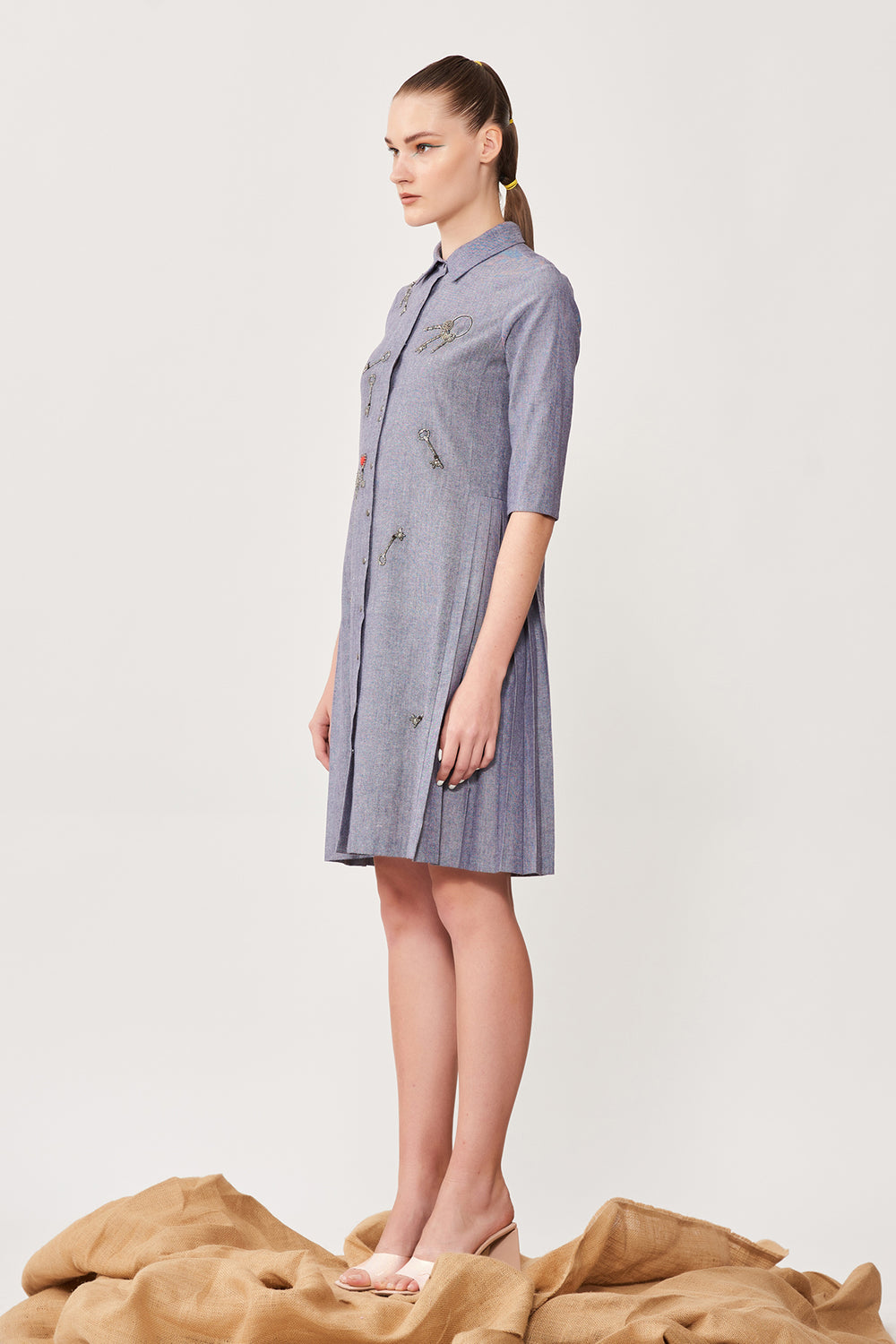 Precious Key Side Pleated Shirt Dress