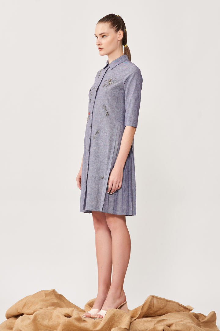 Precious Key Side Pleated Shirt Dress